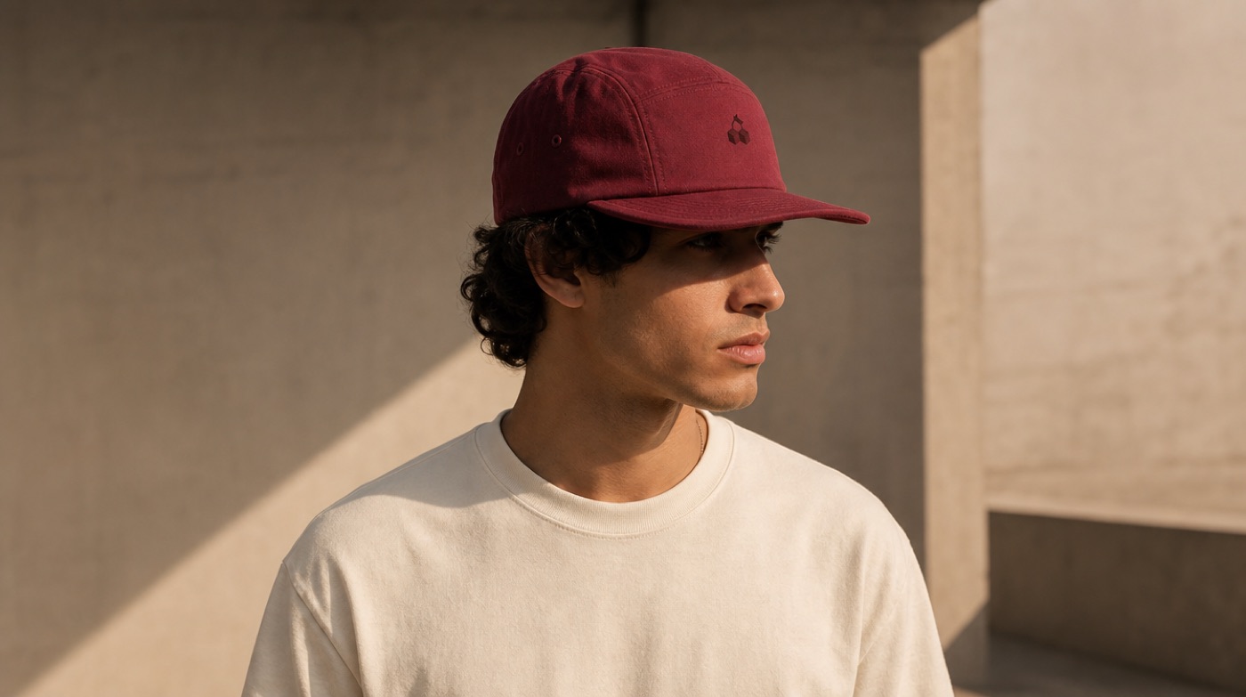 Casquette Studio portée de profil, béton chaud et lumière dorée