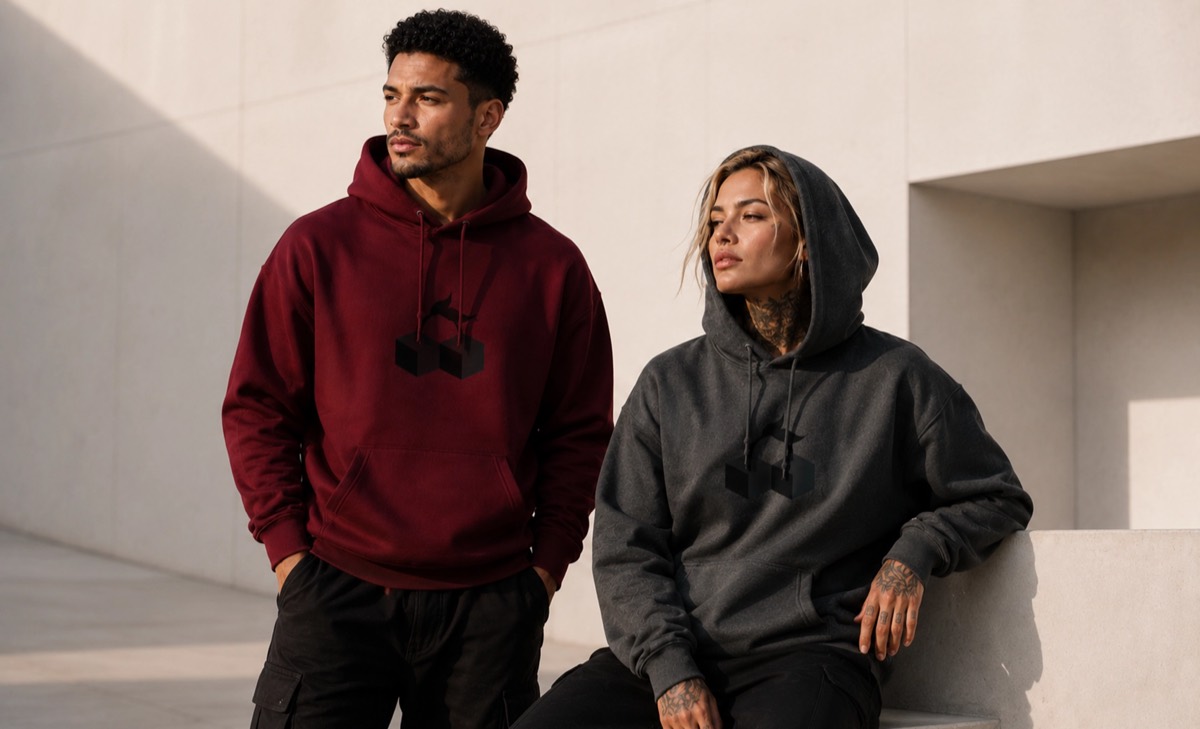 Deux silhouettes en hoodies Studio bordeaux et anthracite devant une architecture minimale