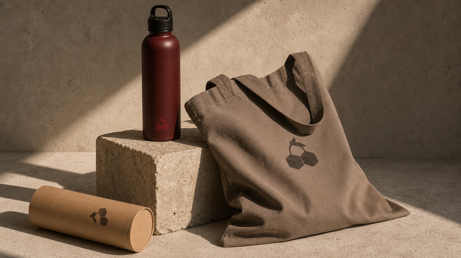 Nature morte : gourde bordeaux sur bloc de pierre, tote taupe et tube kraft en lumière dorée
